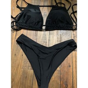 UNBRANDED Bikini Set Strappy Halter V-Cut Women L Black Swimwear Minimalist
